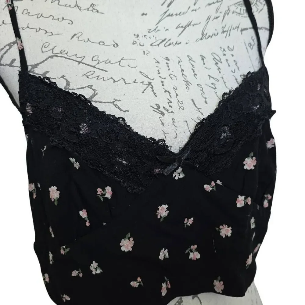 Aeropostale Women's Size XL Black Pink Floral Print Cami Lace Edge Crop Top